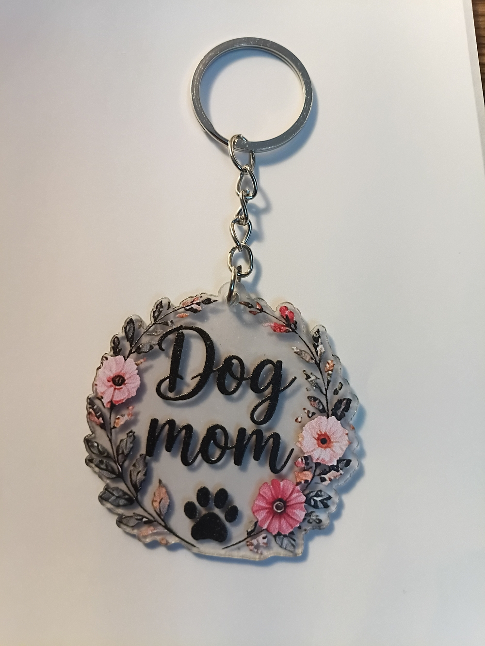Dog Mom Floral Paw Keychain - Pink Accent